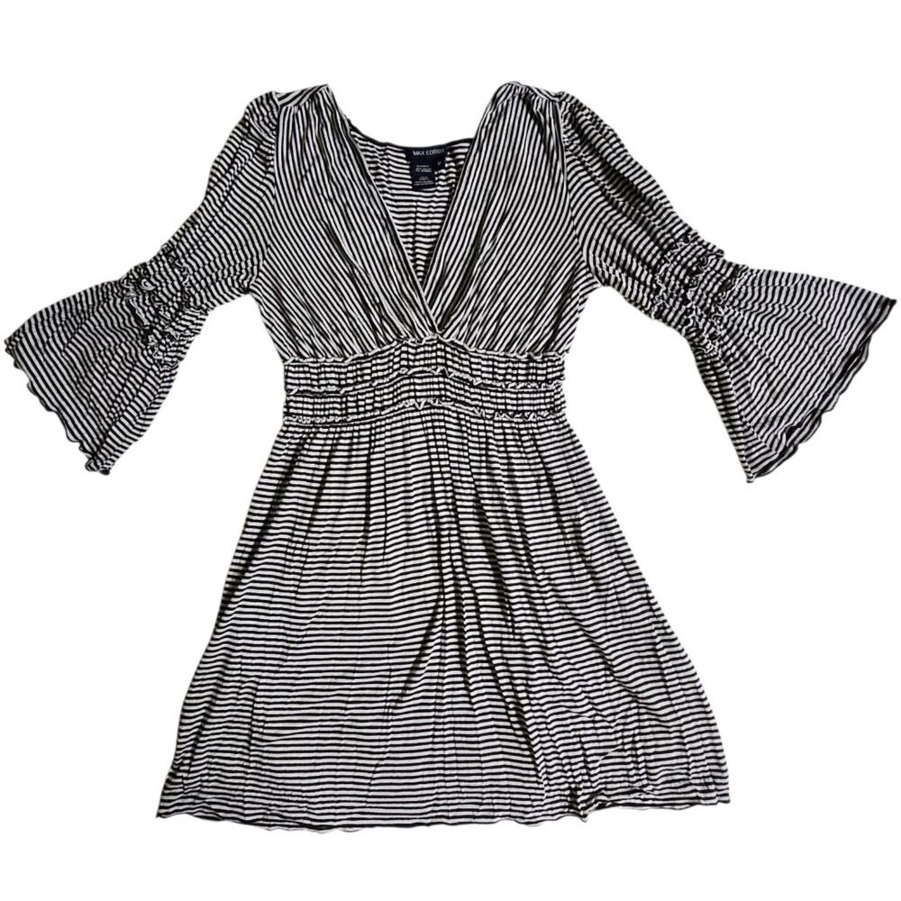 Max Edition Black White Striped V Neck Smocked Dress sz M